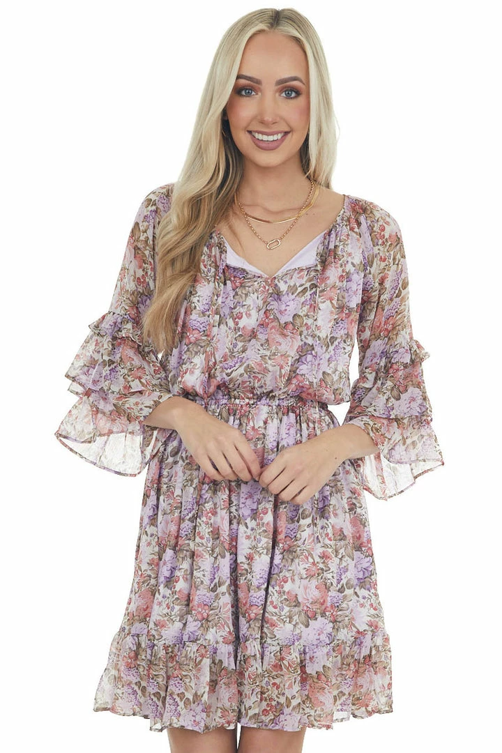 Easel Iris Floral Print Tiered Ruffle Sleeve Dress Dresses 3 Easel Iris Floral Print Tiered Ruffle Sleeve Dress Dresses
