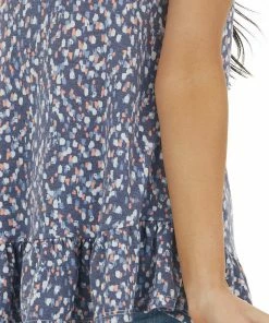 Ces Femme Vintage Navy Printed Sleeveless Knit Top With Ruffle Hemline