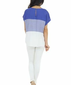 Staccato Tops Royal Blue And White Colorblock Striped Short Sleeve Top