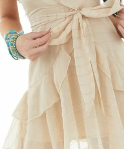 Davi & Dani Latte Textured Stripe Surplice Dress With Ruffle Details Dresses