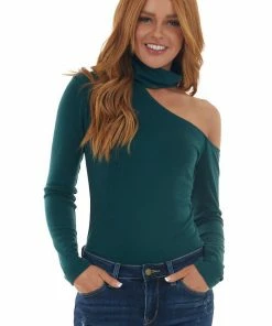 Lush Clothing Forest Green Mock Neck Cold Shoulder Top