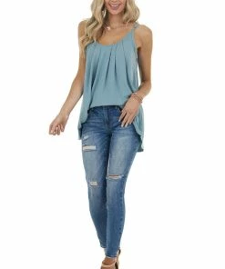 ZENANA Dusty Teal Sleeveless Knit Top With Pleated Neckline Tops 32 ZENANA Dusty Teal Sleeveless Knit Top With Pleated Neckline Tops