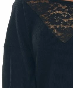 BiBi Tops Black Waffle Knit Long Sleeve Sheer Lace Top