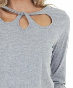 143 Story Tops Dove Grey Long Sleeve Textured Knit Top With Chest Cutout
