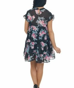 Bighit Fashion Black Floral Print Short Sleeve Tiered Babydoll Short Dress 22 Bighit Fashion Black Floral Print Short Sleeve Tiered Babydoll Short Dress