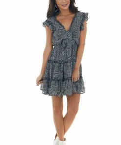 She + Sky Black Leaf Print Tiered Cap Sleeve Frill Dress Dresses