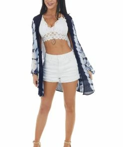 ANGIE Navy Tie Dye Print Open Front Kimono With Rounded Hem