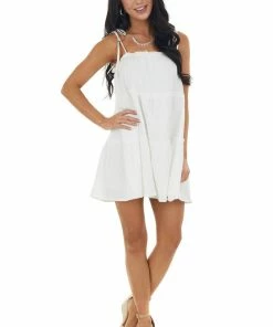 HYFVE Ivory Textured Sleeveless Tiered Mini Dress With Ruffles Dresses