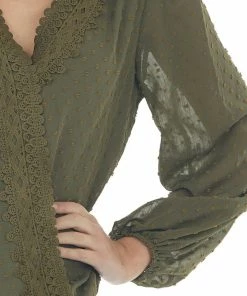 Miss Sparkling Tops Olive Swiss Dot Bubble Sleeve Woven Lace Top