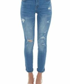 Special A Mid Dark Wash Mid Rise Distressed Skinny Jeans Bottoms