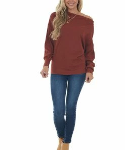 Hayden Tops Rust Off Shoulder Ribbed Knit Top With Zipper Detail