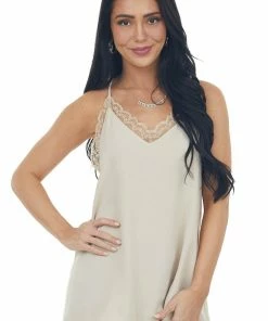 VISION Tops Latte V Neck Lace Trim Racerback Camisole 24 VISION Tops Latte V Neck Lace Trim Racerback Camisole