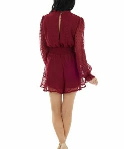 She + Sky Burgundy Swiss Dot Long Puff Sleeve Romper