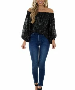 Vine & Love Black Sequined Off The Shoulder Blouse Tops