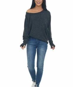 BiBi Tops Charcoal Dolman Sleeve Brushed Knit Top