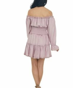 Peach Love Dresses Pale Mauve Off Shoulder Tiered Ruffle Dress