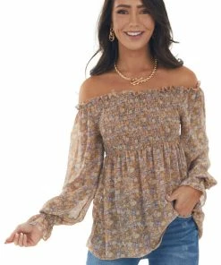 She + Sky Latte Chiffon Floral Print Long Sleeve Top