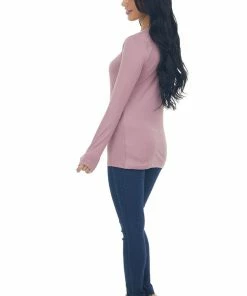 ZENANA Tops Mauve Solid Soft Knit Top With Long Sleeves