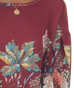 Umgee Wine Floral Waffle Knit Bubble Sleeve Top