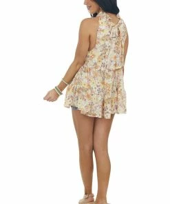 Entro Ivory Floral Halter Neck Sleeveless Blouse Tops