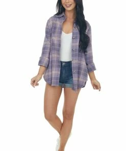 Blue B Lavender And Baby Pink Plaid Flannel Top Tops