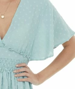 Umgee Arctic Blue Swiss Dot Smocked Waist Mini Dress