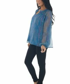 Andree Ocean Pearlescent Sheer Long Sleeve Blouse Tops