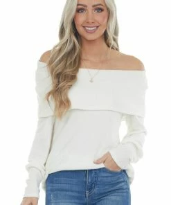 Andree Tops Ivory Folded Off Shoulder Ribbed Knit Top 26 Andree Tops Ivory Folded Off Shoulder Ribbed Knit Top