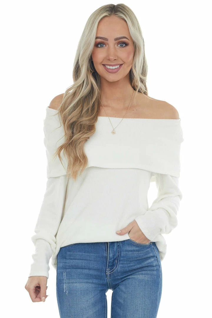Andree Tops Ivory Folded Off Shoulder Ribbed Knit Top 11 Andree Tops Ivory Folded Off Shoulder Ribbed Knit Top