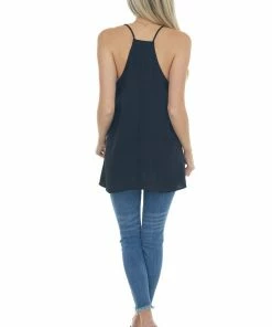 VISION Black V Neck Lace Trim Racerback Camisole Tops