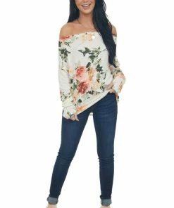BiBi Ivory Floral Print Boat Neckline Knit Top