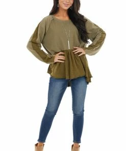 Umgee Olive Long Sleeve Babydoll Top With Raw And Frayed Detail