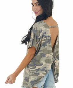 HEIMISH Army Green Camo Print Open Back Knit Top With Twist Detail Tops