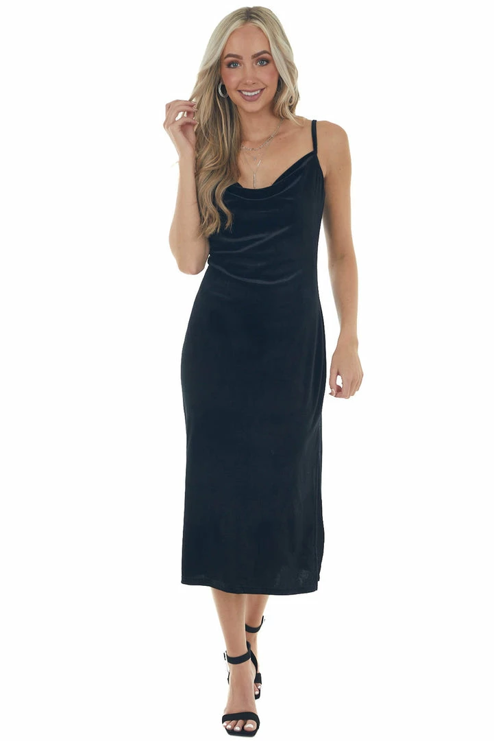 She + Sky Dresses Black Cowl Neck Sleeveless Velvet Midi Dress 11 She + Sky Dresses Black Cowl Neck Sleeveless Velvet Midi Dress