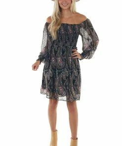 143 Story Black Paisley Print Smocked Woven Short Dress