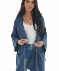 She + Sky Steel Blue Loose Sleeve Cardigan With Pockets