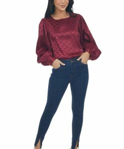 Vine & Love Tops Maroon Checkered Long Sleeve Satin Blouse