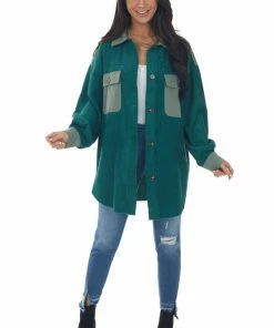 143 Story Deep Pine Contrast Oversized Corduroy Shacket Tops