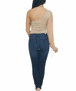 LE LIS Tops Peach Shimmery One Shoulder Ruched Bodysuit