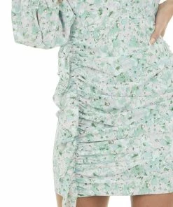 Entro Mint Floral Long Sleeve Ruched Short Dress Dresses