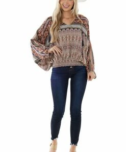 Umgee Tops Fire Orange Printed Flowy Hooded Blouse