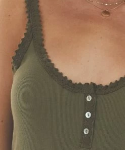 ANGIE Olive Ribbed Knit Tank Top With Button And Lace Trim Details