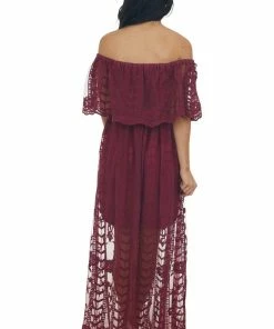 Wishlist Dresses Wine Lace Ruffle Off The Shoulder Maxi Dress