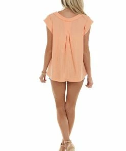 Ces Femme Salmon Short Sleeve Knit Top With Side Slits Tops