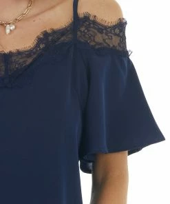 Davi & Dani Navy Blue Cold Shoulder Short Sleeve Blouse With Lace Tops
