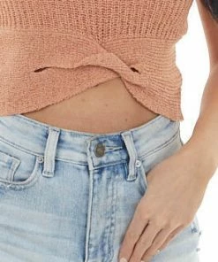 HYFVE Tops Salmon Sleeveless Knit Crop Top With Front Twist Detail