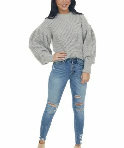 GeeGee Tops Pewter Grey Puff Sleeve Thick Knit Sweater