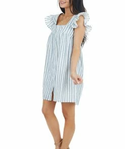 Entro Denim And Ivory Stripe Print Mini Dress With Ruffle Straps