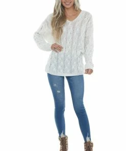 Miss Sparkling White Loose Cable Knit Hooded Sweater Tops