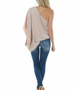 Main Strip Dusty Blush Sparkly Off The Shoulder Asymmetrical Knit Top